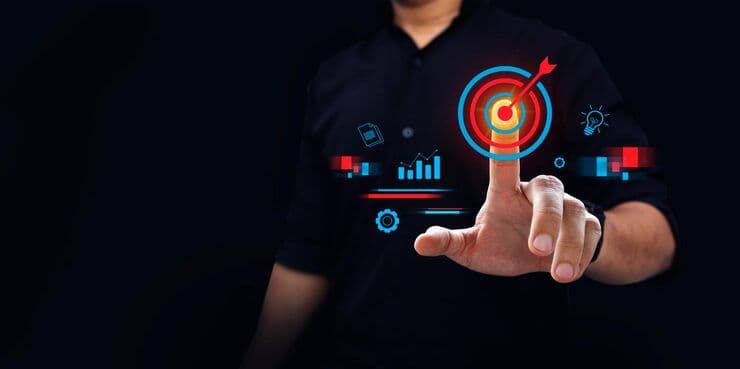 Professional pointing at target with analytics and performance metrics